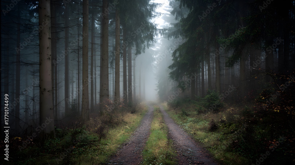 Fototapeta premium vanishing. Misty forest path with straight tree trunks leading into the distant fog. travel magazines, destination branding, designed for travel destination branding, used by event planners.