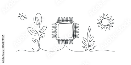 Single line drawing of CPU with plants and sun