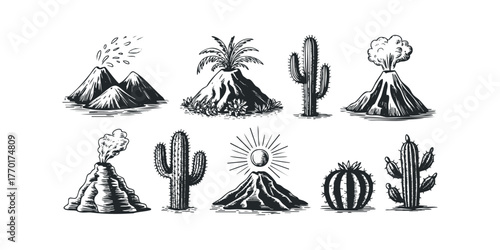 Volcanoes and cactuses in a graphic style