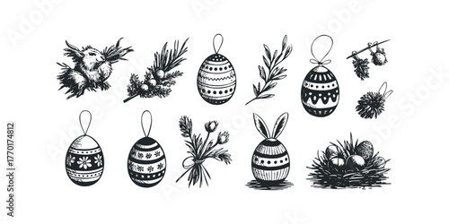 Hand drawn Easter objects with bunny and eggs