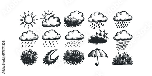 Weather symbols icons sun clouds rain umbrella bush
