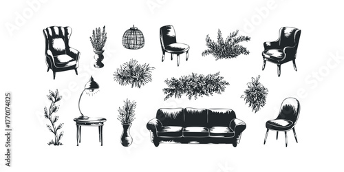 Collection of Vintage Furniture and Plants Hand Drawn Sketch