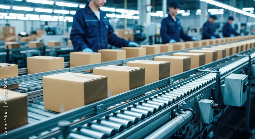 Fototapeta premium Cardboard boxes on a conveyor belt in a busy industrial factory with workers
