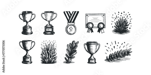 Collection of achievement awards and celebration elements
