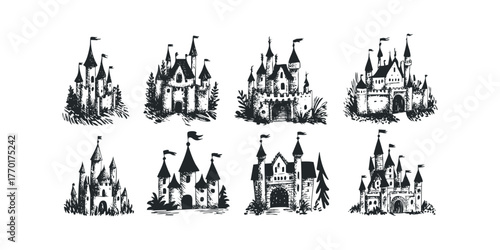 Various hand-drawn fairytale castle illustrations