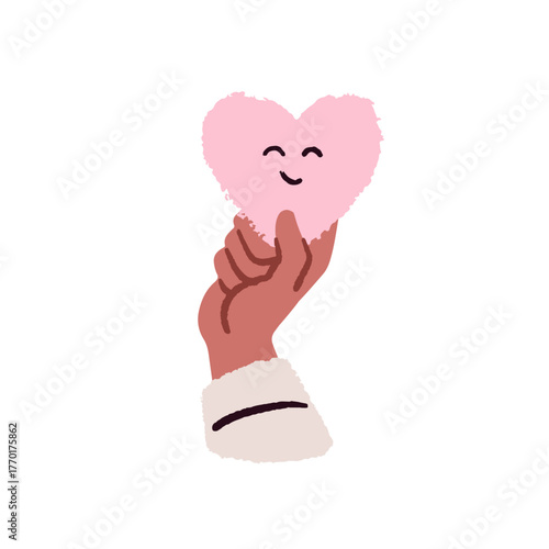 Happy smiling heart in hand. Holding cute love symbol, valentine gift. Romant...