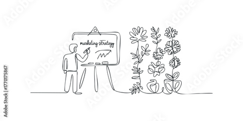 Person draws marketing strategy graph on whiteboard near plants