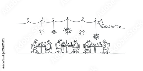 Continuous line drawing of people working at desks with hanging lights