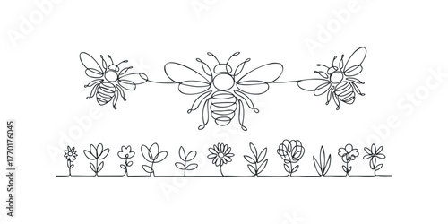 Minimalist Line Art of Three Bees and Flowers