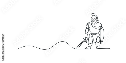 Single line drawing warrior in armor holding sword and shield