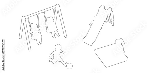 CAD Drawings. Top view of outline children playing isolated on white background. Vector illustration.