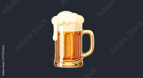 A pixel art illustration of a full beer mug with a rich, white foam head and condensation, set against a dark background.