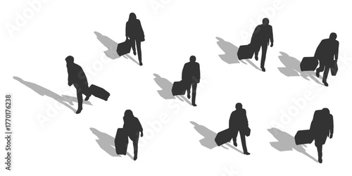 CAD Drawings. Top view of silhouette airport passengers walking with suitcases isolated on white background. Vector illustration.