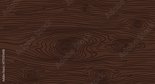 Dark brown wooden texture featuring natural grain patterns and prominent knots, ideal for backgrounds or design elements.