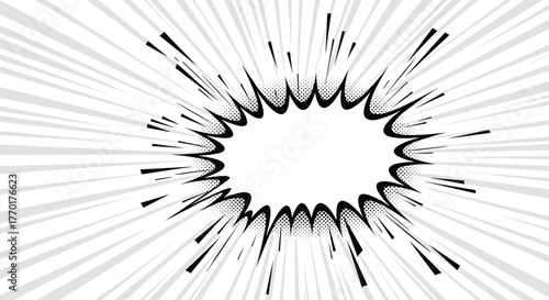 Dynamic comic book style empty speech bubble with radial speed lines, dotted texture, and explosive effect, perfect for text or exclamation.