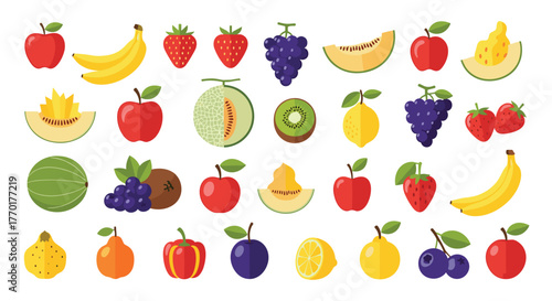 A vibrant collection of fresh and healthy fruits displayed in a colorful, cartoon-style illustration.