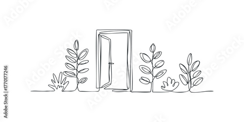 Minimalist line drawing of an open door with abstract foliage