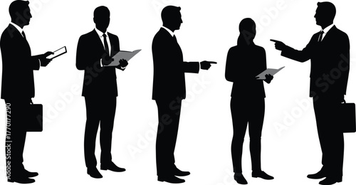 Business team silhouettes in formal suits, pointing, holding documents, professional collaboration, corporate meeting, leadership