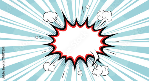 Abstract comic book explosion speech bubble with blank space for text, featuring smoke puffs and a radial light blue and white background for dynamic impact.