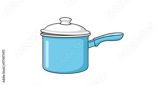 A light blue enamel saucepan with a white lid and handle, ideal for cooking, boiling, or preparing food in the kitchen.