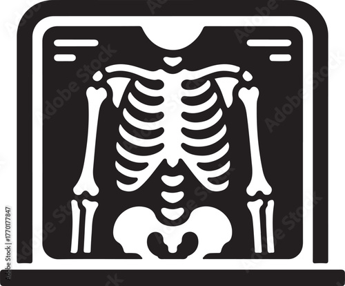 Human skeleton X-ray vector icon displayed on a medical film screen representing health and diagnostic imaging