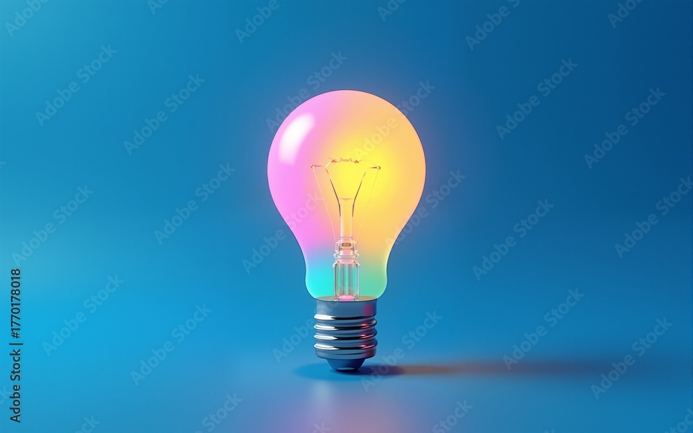 Fototapeta premium 3D rendering of a light bulb with a colorful glow inside on a blue background. An innovative idea concept, inspiration for creativity and innovation in business, education, or science. High quality
