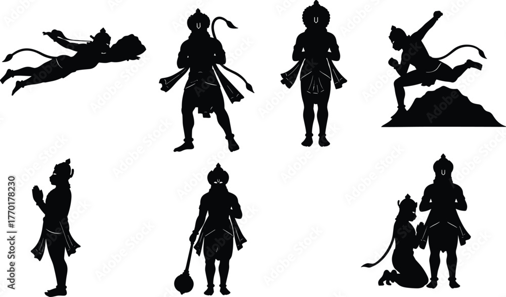 Tableau sur toile Hanuman silhouette, Hindu mythology, flying pose, prayer, devotion, mace weapon,