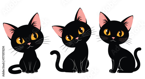 Three adorable cartoon black cats with bright yellow eyes and pink ears are sitting curiously on a white background.