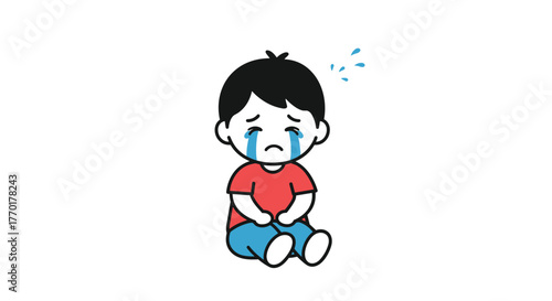 A sad little cartoon boy sits on the ground with tears streaming down his face, expressing distress and unhappiness.