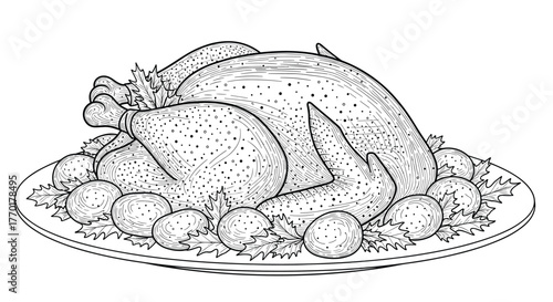 A traditional roasted whole turkey or chicken, beautifully illustrated with potatoes and greens on a serving platter, perfect for a holiday meal.