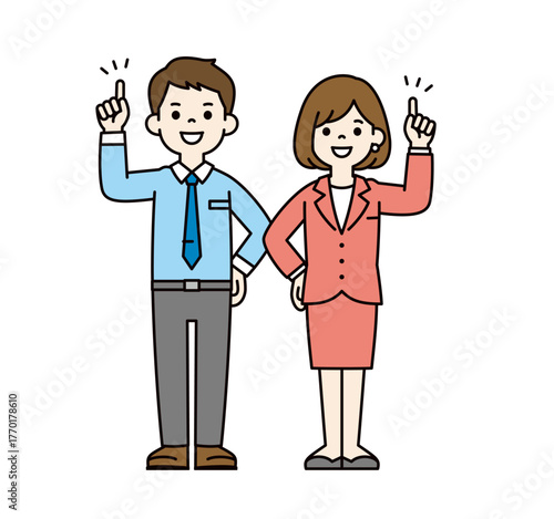 笑顔でポイントを伝える、男女のビジネスマンの全身ベクターイラスト素材セット＿カラー