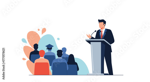 A male speaker addresses an audience from a podium, possibly during a conference, lecture, or graduation ceremony.