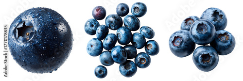 Close up of fresh blueberries with water droplets isolated on a transparent background