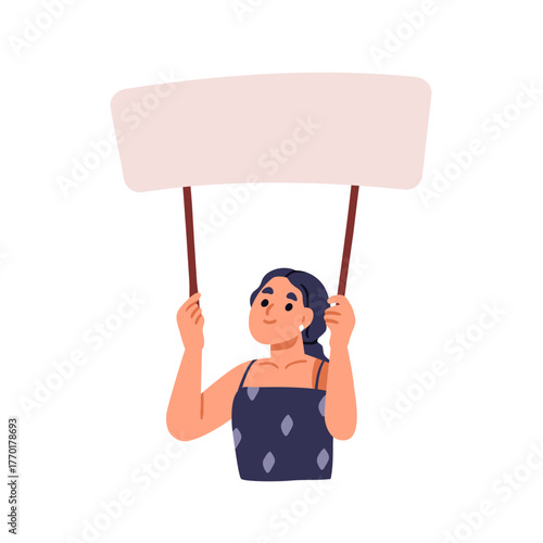 Girl holding blank banner background. Kid with horizontal placard, poster on ...