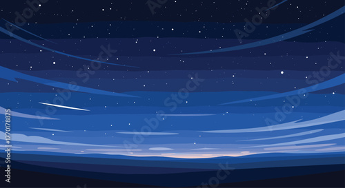 A serene pixel art depiction of a starry night sky with wispy clouds and a shooting star, overlooking a distant horizon at dusk.