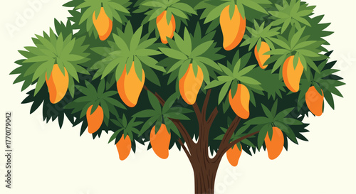 A vibrant illustration of a bountiful mango tree laden with ripe orange fruits and lush green leaves against a light background.