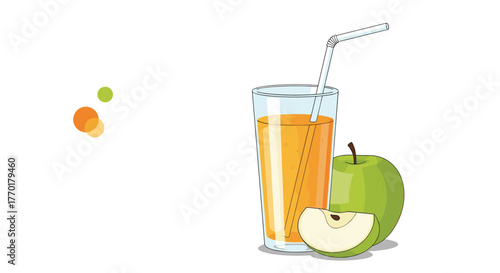 A refreshing glass of apple juice with a straw, accompanied by a whole green apple and a fresh slice on a white background.