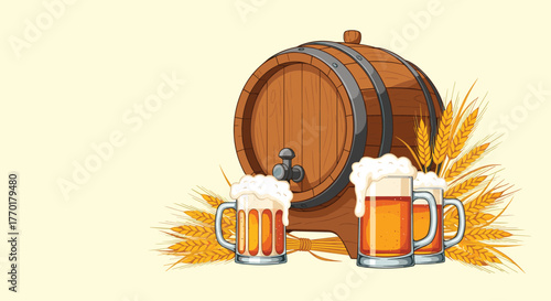 A classic wooden beer barrel with a tap, surrounded by golden wheat, and three frothy mugs of refreshing brew.