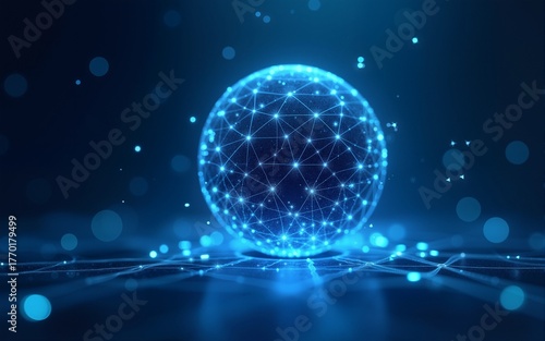 Blockchain technology concept with abstract glowing sphere, futuristic blue background, digital network visualization, decentralized finance, and modern UI design for innovation and security