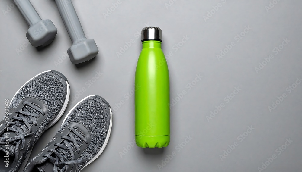 Naklejka premium A green reusable water bottle with gray dumbbells and sneakers on a gray background for fitness and healthy lifestyle