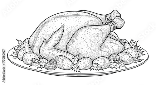 A beautifully roasted turkey on a festive platter, garnished with potatoes, lemon, and leaves, in a classic vintage engraving style.