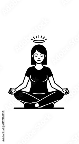 Serene Woman Meditating with Halo in Lotus Position Illustration.