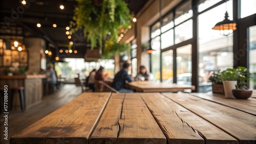 Wallpaper Mural Inviting rustic wood table in modern cafe setting with blurred background of people enjoying coffee and conversation, perfect for restaurant advertising Torontodigital.ca