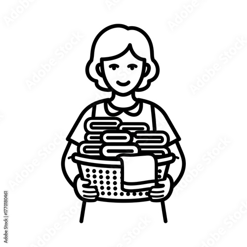Woman carrying laundry basket with folded clothes line art.