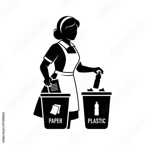 Woman sorting waste into paper and plastic bins.