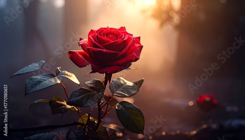 Eternal Rose: A single, captivating red rose unfurls its velvety petals amidst a mystical, sunlit woodland, evoking feelings of beauty and everlasting love.