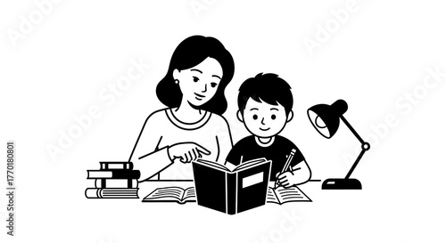 Illustration of a mother helping her child with homework.