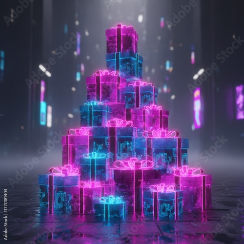 Stack of cyberpunk gift boxes with glowing neon outlines (pink and blue) set against a dark, blurred futuristic city background, blending holiday and technology.