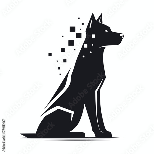 Abstract Silhouette of a Dog with Pixelated Details on White Background