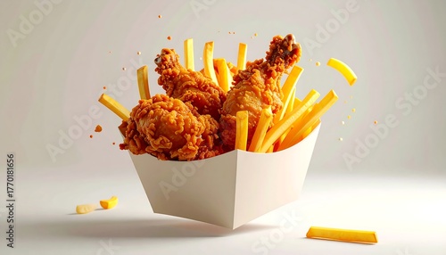 Fast food box with fried chicken and fries, realistic lighting, isolated on white background, ideal for menu display and fast food advertising.